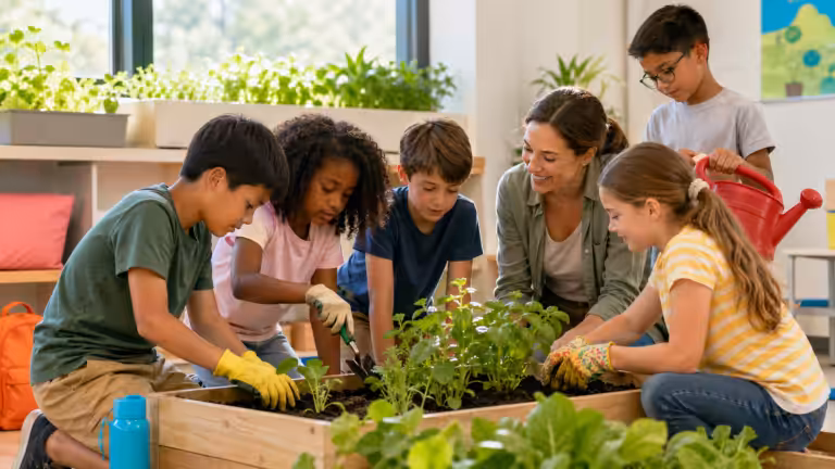 Un profesor y un grupo de entre cuatro y cinco alumnos de primaria y secundaria de distintos orígenes cuidando un pequeño huerto escolar en macetas colocadas en las ventanas; plantas de un verde exuberante y luz natural