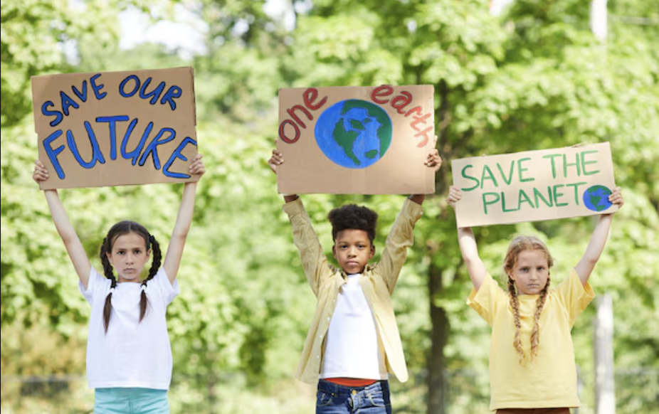 Eco-Heroes Unite — young students holding handmade signs reading ‘One World’ and ‘Save Planet’ to celebrate World Environment Day as international eco-heroes